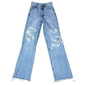 Zara Jeans Womens High Rise Distressed Wide Leg Size 2 Light Wash Raw Hem